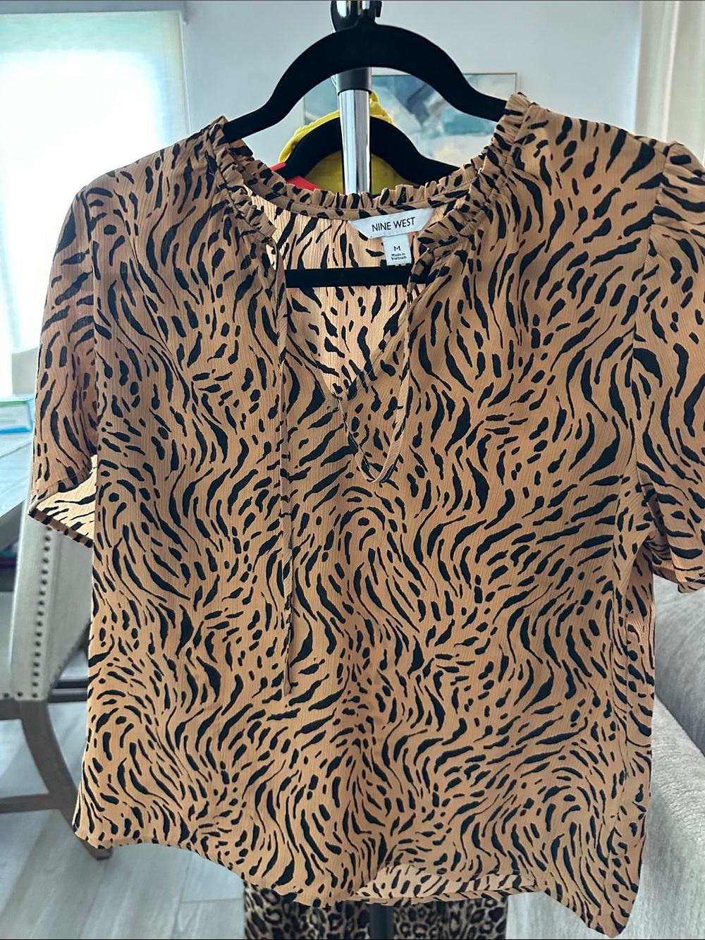 Nine West Tan and Black Animal-Print Short Sleeve Blouse